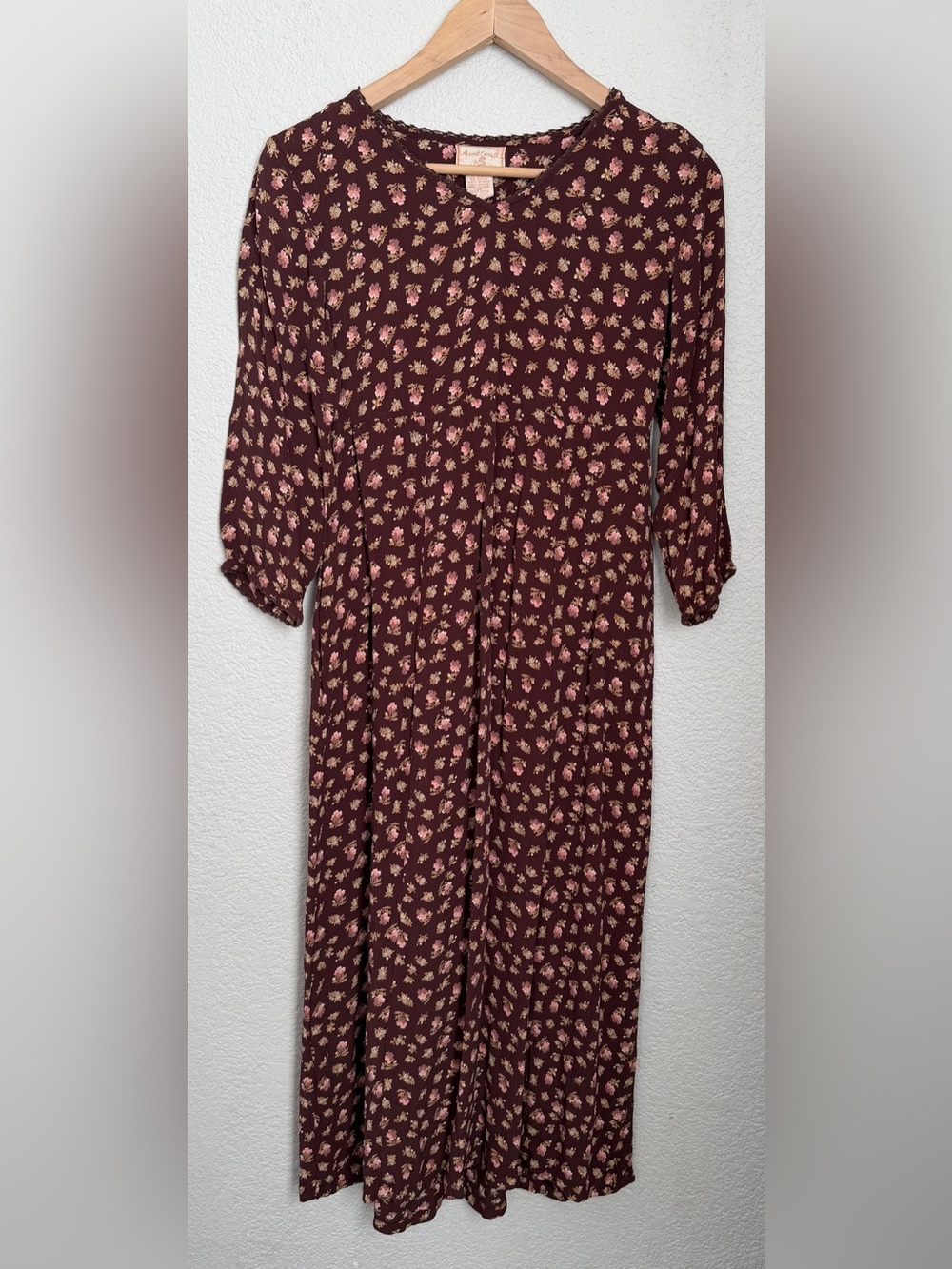 April Cornell (S) Vintage 90s Brown Floral Rayon Midi Dress Tie Back Fall Vibes
